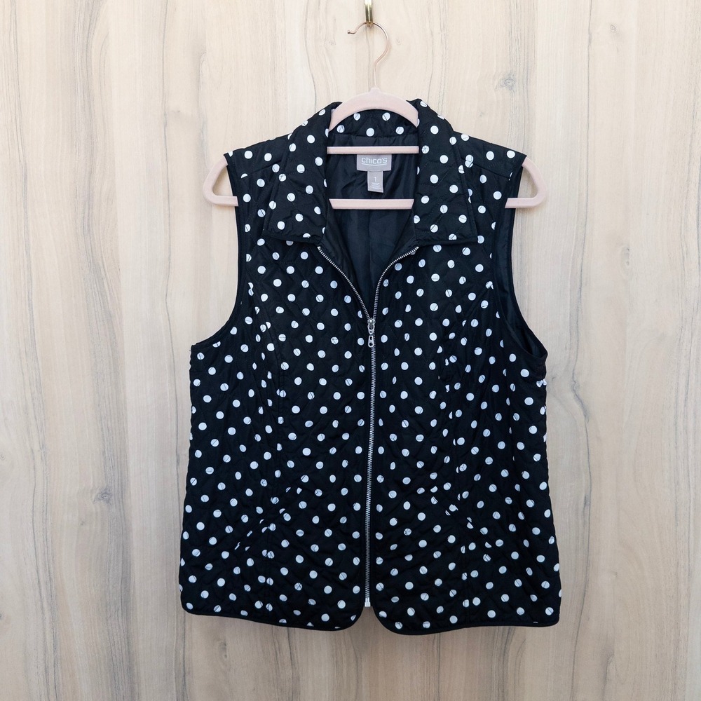 Chico's Polka Dot Vest 8/10 Black Quilted Puffer Full Zip Retro Preppy Classic